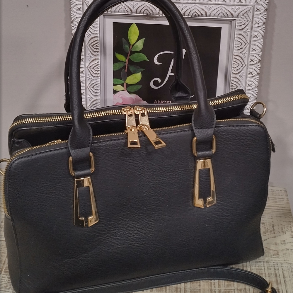 Chic Black Satchel with Gold Details